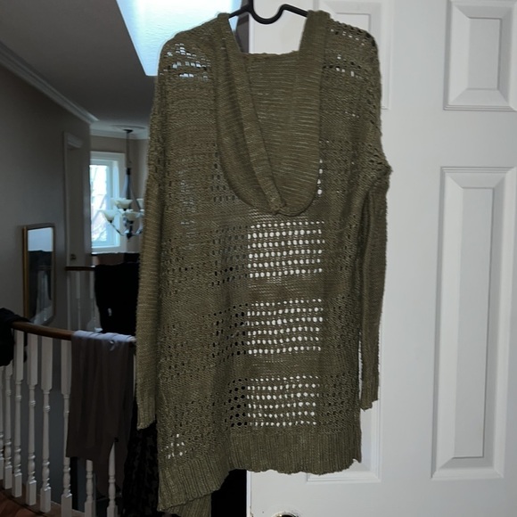 Revamped  olive green boho chic Crotchet knitted mid length open cardigan - Picture 5 of 5